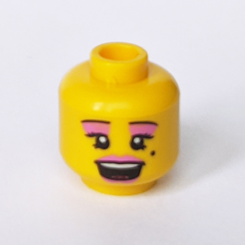 Minifig Head, Pink Lips and Eye Shadow, Open Mouth and Beauty Mark Print Gelb