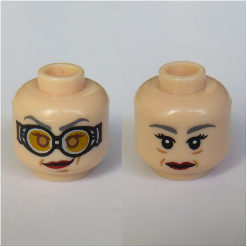 Minifig Head Madame Hooch, Dual Sided, Red Lipstick, Goggles / No Goggles Print [Hollow Stud] Light Nougat