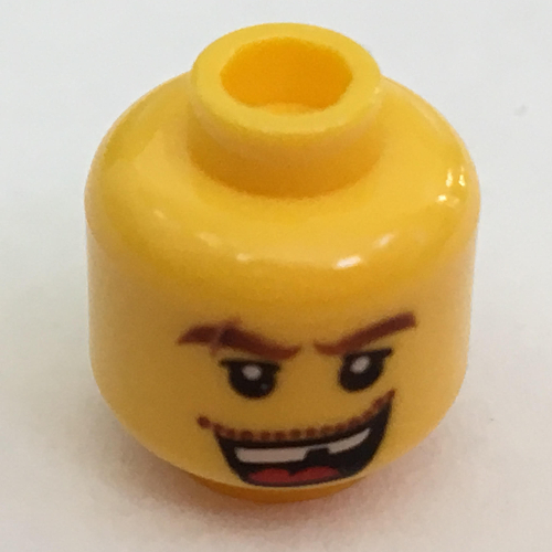 Minifig Head, Thick Brown Eyebrows with Scar, Open Mouth with Missing Tooth, White Pupils Print [Hollow Stud] Gelb