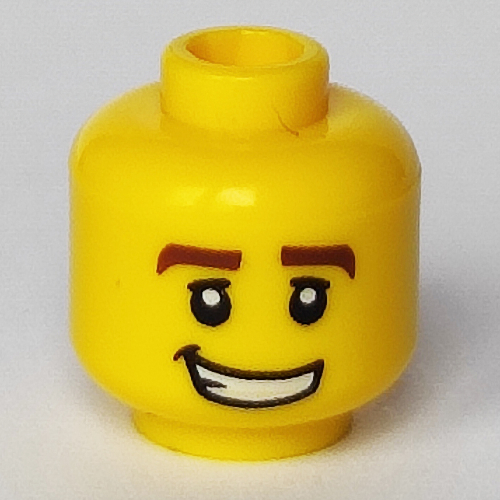 Minifig Head Race Car Driver, Thick Brown Eyebrows, White Pupils and Grin with Teeth Print Yellow