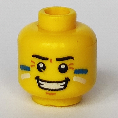 Minifig Head Tribal Chief, Face Paint with Blue and White Painted Cheeks and Grin Yellow
