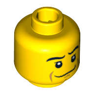 Minifig Head Knight, Crooked Smile, Black Eyebrows, White Pupils, Chin Dimple Print [Hollow Stud] Gelb