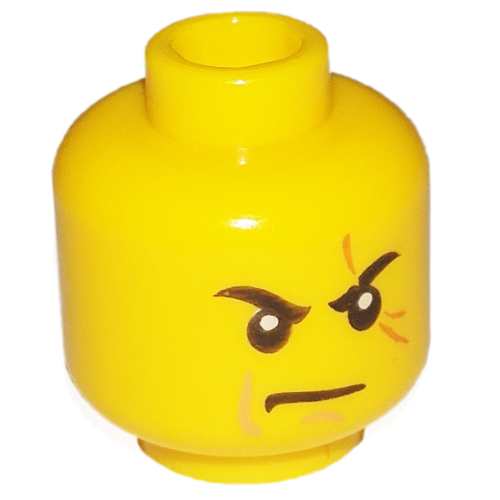 Minifig Head Kai, Stern Eyebrows, White Pupils, Frown, Scar Across Left Eye Print [Hollow Stud] Yellow