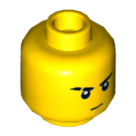 Minifig Head Jay, Stern Eyebrows, Scar on Right Eyebrow, White Pupils, Brown Chin Dimple Print Gelb