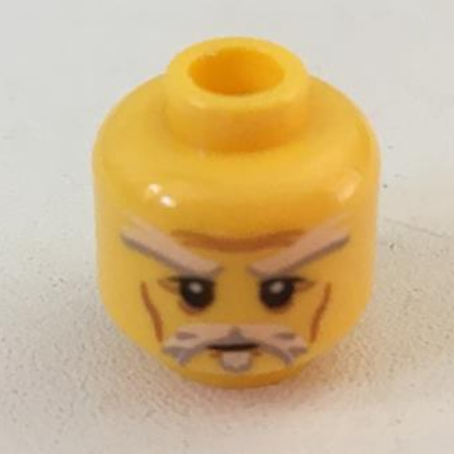 Minifig Head Sensei Wu (Master), Beard with White Goatee, Moustache and Eyebrows and Brown Lines Print [Hollow Stud] Gelb