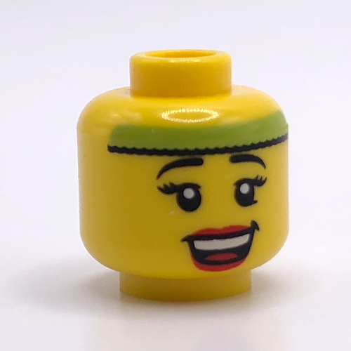 Minifig Head Fitness Instructor, Eyelashes, Red Lips, Open Smile and Lime Headband Print Gelb