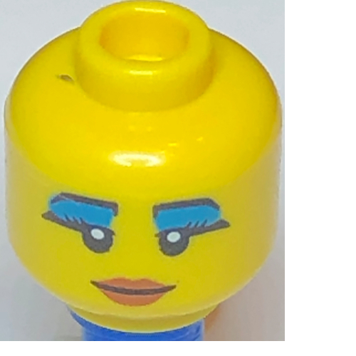 Minifig Head, Eyebrows, Eyelashes with Thick Dark Azure Mascara, Smile and Dark Orange Lips Print [Hollow Stud] Gelb