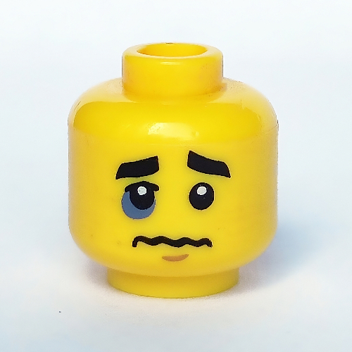 Minifig Head Boxer, Eyebrows, White Pupils, Open Smile with Gold Upper Row Teeth / Black Eye, Crooked Lips and Sad Look Print Yellow