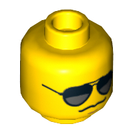Minifig Head Hero, Black and Silver Sunglasses, Chin Dimple, Grim Mouth Print [Hollow Stud] Yellow