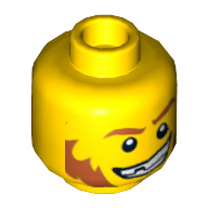 Minifig Head, Red Eyebrows and Sideburns, Determined Grin, Pupils Print [Hollow Stud] Gelb