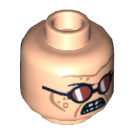 Minifig Head Dr Octopus (Doc Ock), Dual Sided, Red Sunglasses / Red Lenses Flapped Up Print [Hollow Stud] Hellnougat