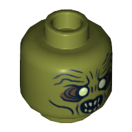 Minifig Head Orc, Dual Sided, White Eyes and Teeth, Wide Eyes / Narrow Eyes Print [Hollow Stud] Olive Green