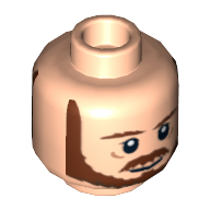 Minifig Head Qui-Gon Jinn, Dual Sided, Beard, Brown Eyebrows, Moustache, White Pupils / Breathing Apparatus Print Light Nougat