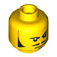 Minifig Head Rodney Rathbone, Sideburns, Moustache, Wrinkles and Smirk Print [Hollow Stud] Gelb