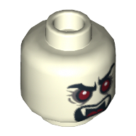 Minifig Head Lord Vampyre, Fangs, Red Eyes, Angry Eyebrows, Mouth Closed / Mouth Open Print Glow in Dark White