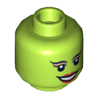 Minifig Head Oola, Dual Sided, Arched Eyebrows, Eyelashes, Red Lips, Smile / Scared Print [Hollow Stud] Limette