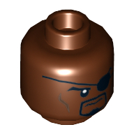 Minifig Head Nick Fury, Eyepatch, Goatee and Cheek Lines Print [Hollow Stud] Reddish Brown