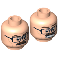 Minifig Head Commissioner James Gordon, Dual Sided Glasses, Brown Moustache, Wrinkles, Mouth Closed / Bared Teeth Print [Hollow Stud] Light Nougat