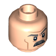 Minifig Head J. Jonah Jameson, Gray Moustache, Thick Eyebrows and Wrinkles, Frowning / Angry Print Light Nougat