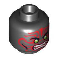 Minifig Head Warrior, Lime Eyes, White Fangs, Red Face Decorations, Dark Red Mouth Print [Hollow Stud] Schwarz