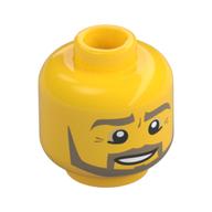 Minifig Head, Beard Dark Tan Angular, Pupils, Bottom Eye Lid Line, Teeth Print [Hollow Stud] Gelb