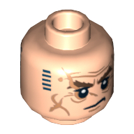 Minifig Head Dwalin the Dwarf, Dual Sided, Bushy Brown Eyebrows, Wrinkles, Stern / Dark Blue Tattoo Print [Hollow Stud] Hellnougat