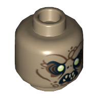Minifig Head Goblin, Dual Sided, Light Yellow Eyes, 8 Teeth / 7 Teeth Print [Hollow Stud] Dark Tan