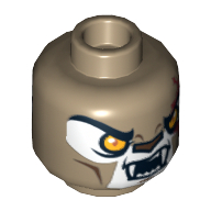 Minifig Head Longtooth, Dual Sided, Lion with Orange Eyes, Fangs, Red Scar, Closed Mouth / Open Mouth Print [Hollow Stud] Dark Tan