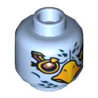 Minifig Head Eglor, Eagle with Beak, Yellow Eyes, Dark Blue Feathers, Angry Eyes / Gold Monocle Print Bright Light Blue