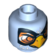 Minifig Head Equila / Ewar, Dual Sided, Eagle with Beak, Yellow Eyes / Orange Goggles Print [Hollow Stud] Bright Light Blue