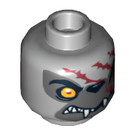 Minifig Head Winzar, Dual Sided, Wolf with Orange Eye, Dark Gray Face and Red Scars, Closed Mouth / Open Mouth Print [Hollow Stud] Light Bluish Gray