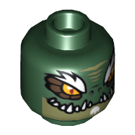 Minifig Head Crominus, Dual Sided, Crocodile with Dark Brown Eye Borders, White Eyebrows, Wide Eyes / Narrow Eyes Print [Hollow Stud] Dunkelgrün
