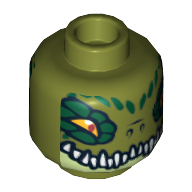 Minifig Head Crawley, Dual Sided, Crocodile with Dark Green Eye Borders, Wide Eyes / Narrow Eyes Print [Hollow Stud] Olivgrün