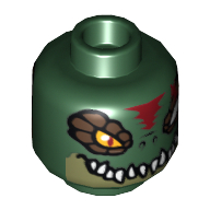 Minifig Head Cragger, Dual Sided, Crocodile with Dark Brown Eye Scales, White Teeth and Red Scar, Wide Eye / Narrow Eye Print [Hollow Stud] Dark Green
