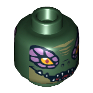Minifig Head Crooler, Dual Sided, Crocodile with Medium Lavender Eye Borders, Wide Eyes / Narrow Eyes Print [Hollow Stud] Dark Green
