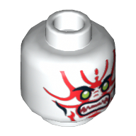 Minifig Head General Kozu, Green Eyes, Red Face Markings Print White