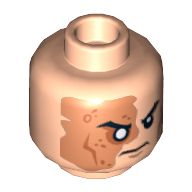 Minifig Head Shredder, Right Eye Scarred Area and No Pupil, Angry Print [Hollow Stud] Light Nougat