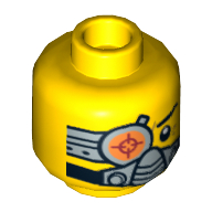 Minifig Head Solomon Blaze, Cyborg Eyepiece, Eyebrow Left Side, Breathing Apparatus / Worried Print Gelb