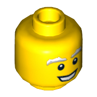 Minifig Head Santa, White and Gray Bushy Eyebrows, Open Mouth Smile Print Yellow