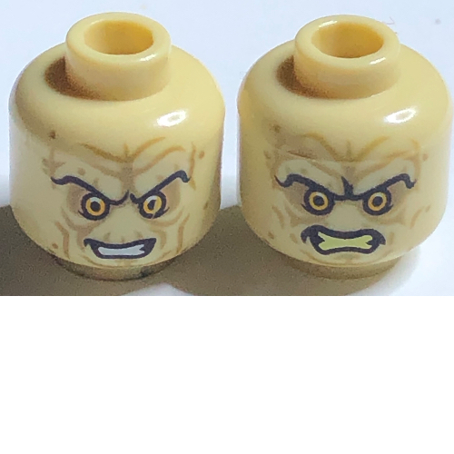 Minifig Head Palpatine (Emperor), Wrinkles, Sunken Yellow Eyes, Eyebrows, Bared Teeth, Angry / Evil Smile Print Beige