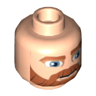 Minifig Head Obi-Wan Kenobi, Beard Thick with Lines, Brown Eyebrows, Moustache, Large Blue Eyes, Smile / Angry Print Light Nougat