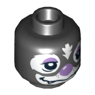 Minifig Head Skinnet, Dual Sided, Skunk with Lavender Eyes and Nose Happy / Sleepy Print [Hollow Stud] Black