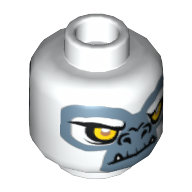 Minifig Head Grizzam, Dual Sided, Gorilla with Yellow Eyes, Fangs and Gray and White Face Happy / Angry Print [Hollow Stud] Weiß