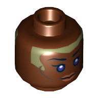Minifig Head Stass Allie, Violet Eyes, Brown Lips and Pale Green Head Paint Print [Hollow Stud] Rotbraun