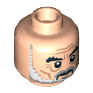 Minifig Head Saruman / Count Dooku, Dual Sided, Thick Eyebrows, Gray and White Beard, Frown / Angry Print [Hollow Stud] Light Nougat