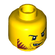 Minifig Head Knight, Beard, Curved Black Eyebrows, Lopsided Open Grin / Determined Print Yellow