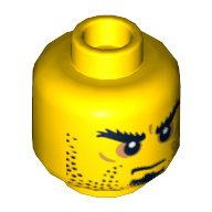 Minifig Head Knight, Dual Sided, Stubble, Black Goatee, Bushy Eyebrows, Determined / Closed Mouth Print [Hollow Stud] Yellow