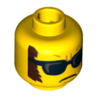 Minifig Head Saxophone Player, Sunglasses, Closed Mouth, Dark Brown Sideburns Print [Hollow Stud] Yellow