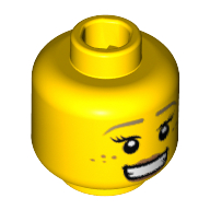 Minifig Head Pretzel Girl, Open Smiling Mouth, Freckles Print [Hollow Stud] Gelb