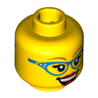 Minifig Head Diner Waitress, Glasses with Blue Frame, Medium Nougat Eyebrows, Red Lipstick, Smirk / Open Smile Print Gelb